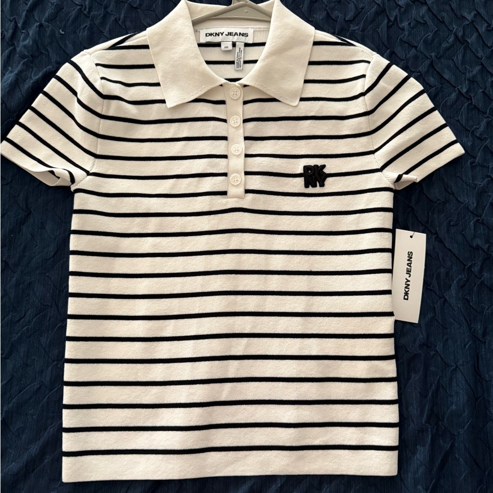 DKNY Black and White Striped Polo Shirt New .